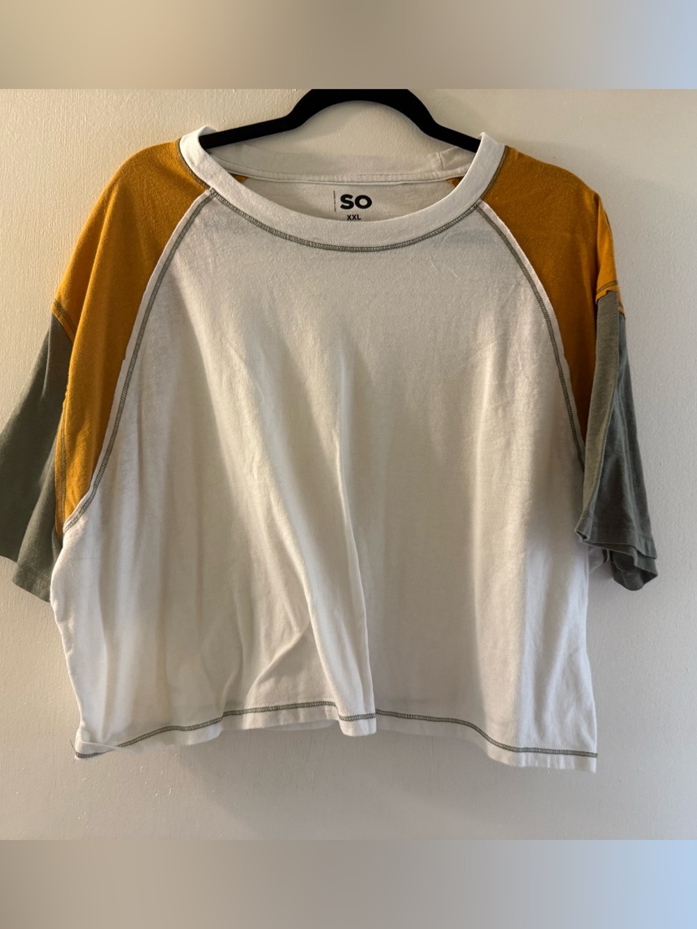 SO White Raglan Tee with Mustard and Gray Sleeve Accents
